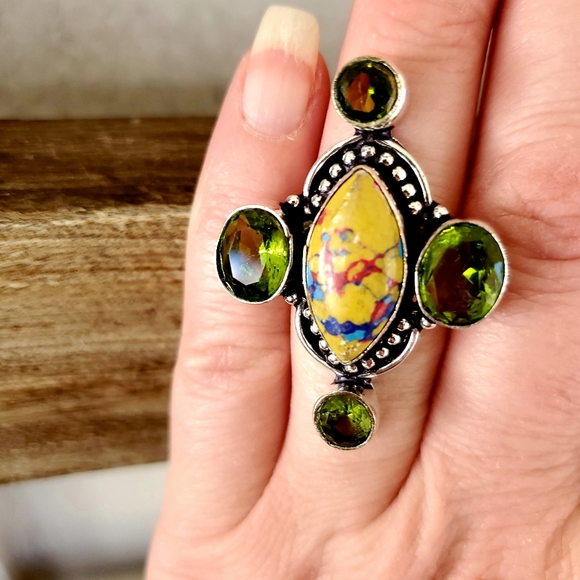 New Unique Mosaic Jasper and Peridot 925 Silver Ring. - Picture 8 of 8